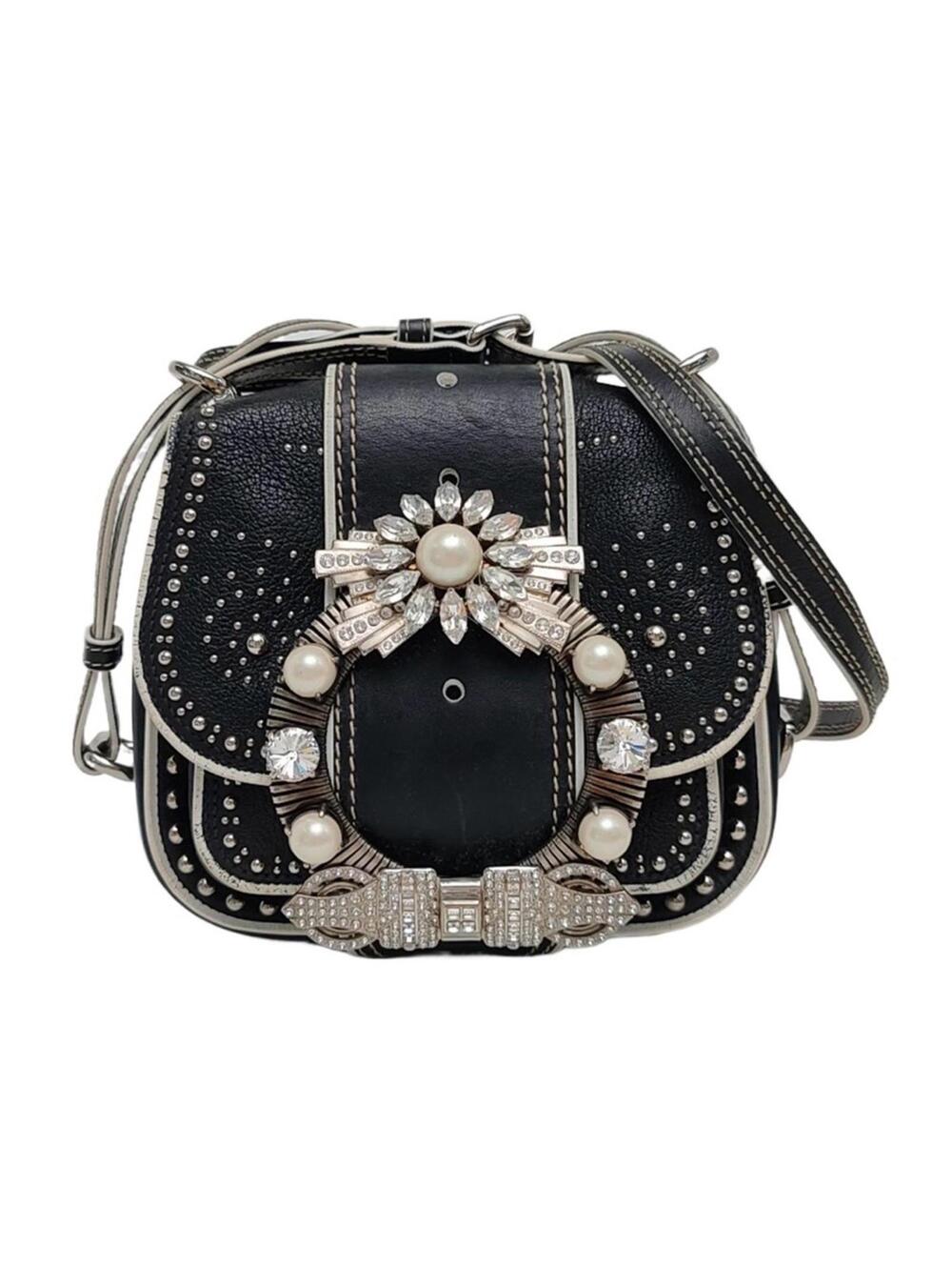 Miu Miu Dahlia Jeweled Buckle Studded Leather Crossbody Bag